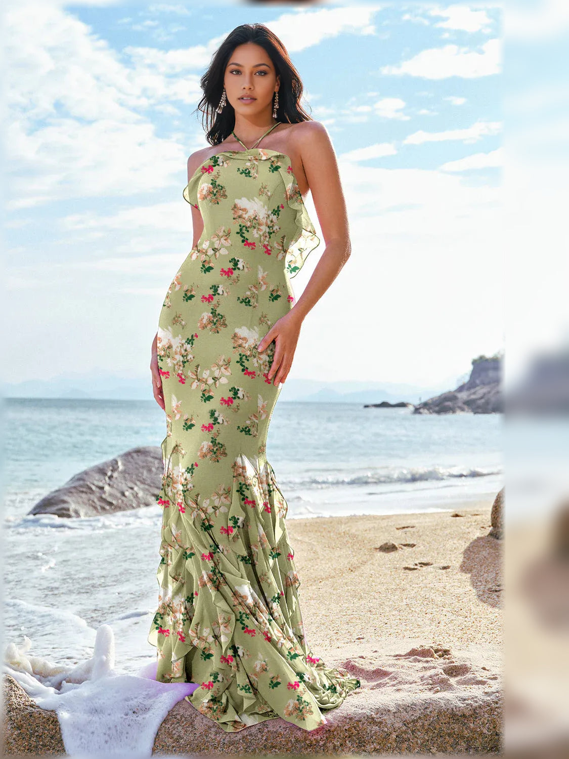 Sage Green mermaid floor-length formal dress with ruffle details, alternate view