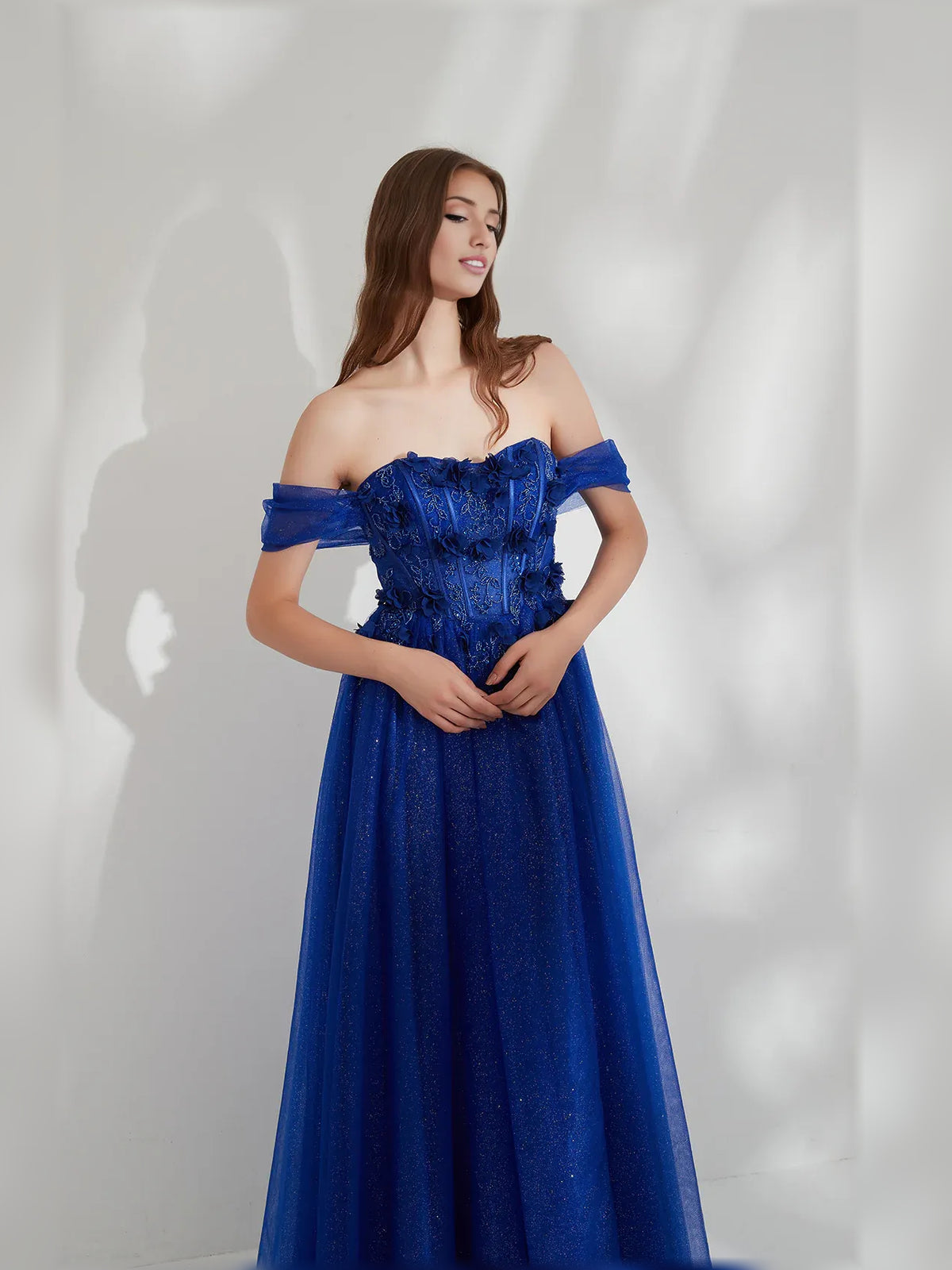 Dark Blue a-line floor-length formal dress with corset-style bodice, alternate view showing the waist