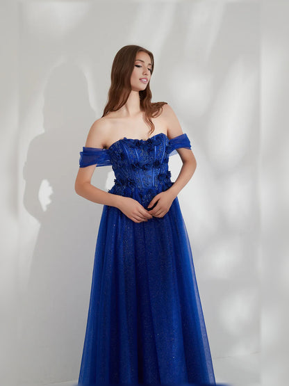 Dark Blue a-line floor-length formal dress with corset-style bodice, alternate view showing the waist