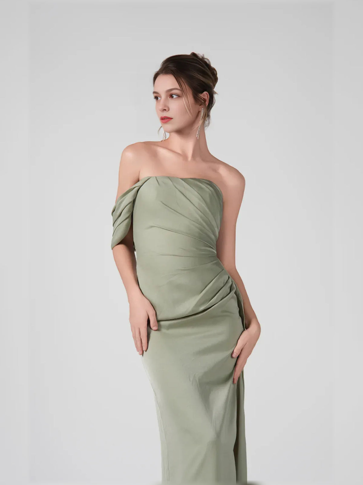 Dusty Sage mermaid maxi formal dress with ruching, alternate view