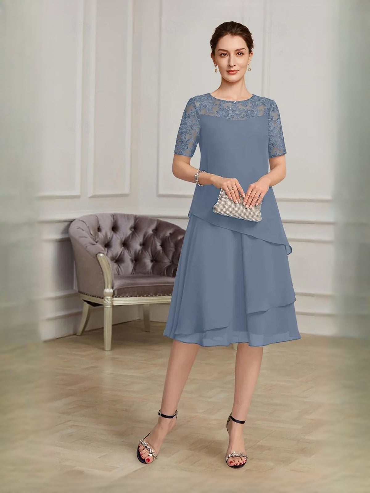 Slate Blue short mother of the bride dress, alternate view showing the overall dress design