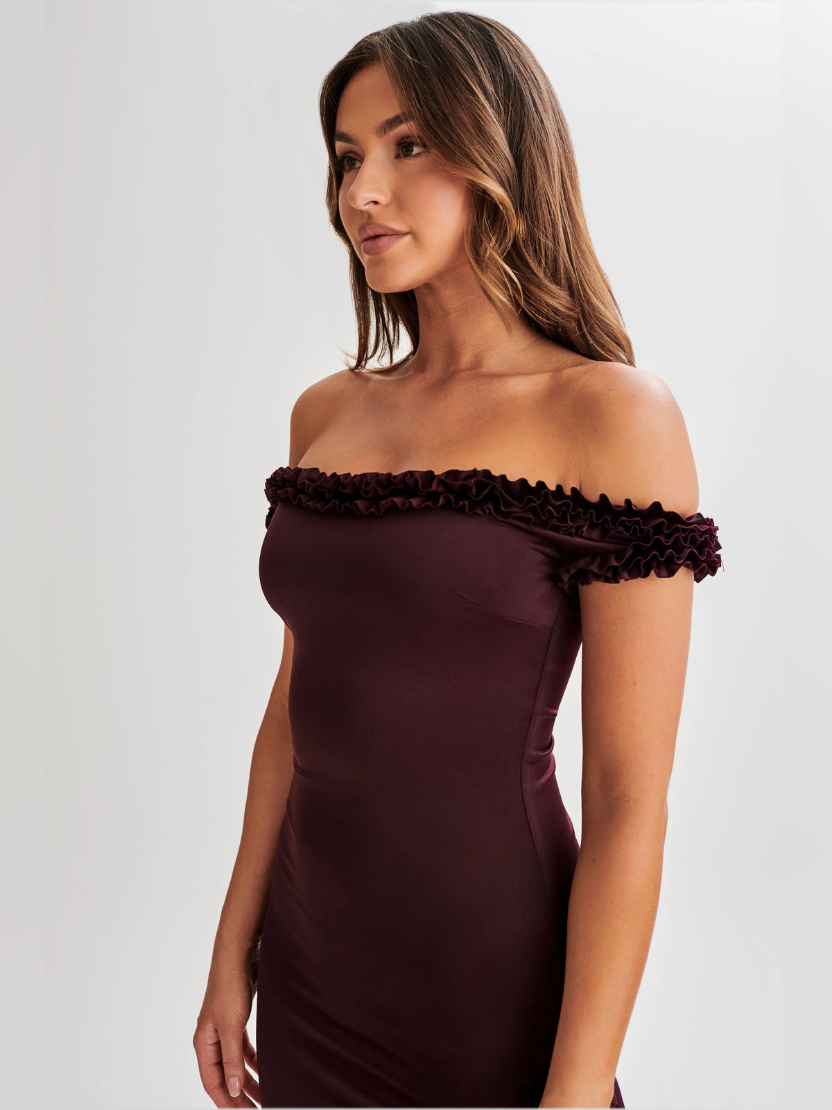Plum midi formal dress with ruffle details, alternate view showing the waist