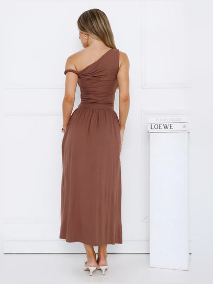 Brown midi formal dress with off-the-shoulder neckline, alternate view showing the waist