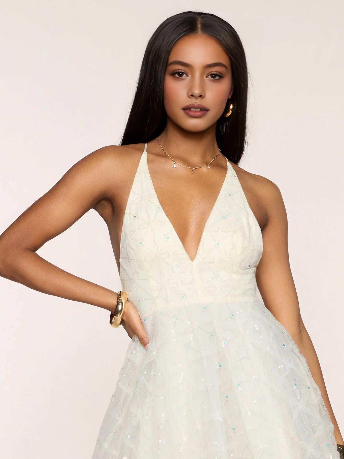 Ivory white mini homecoming dress, alternate view showing the overall dress design