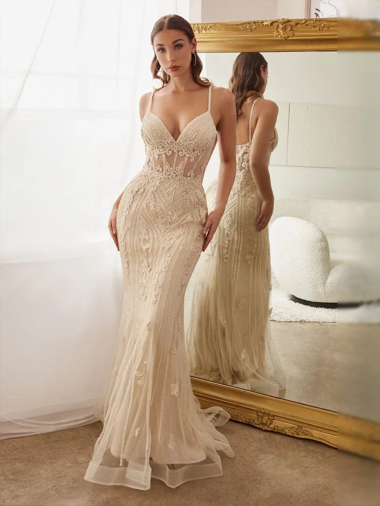 Champagne floor-length prom dress, alternate view showing the overall dress design