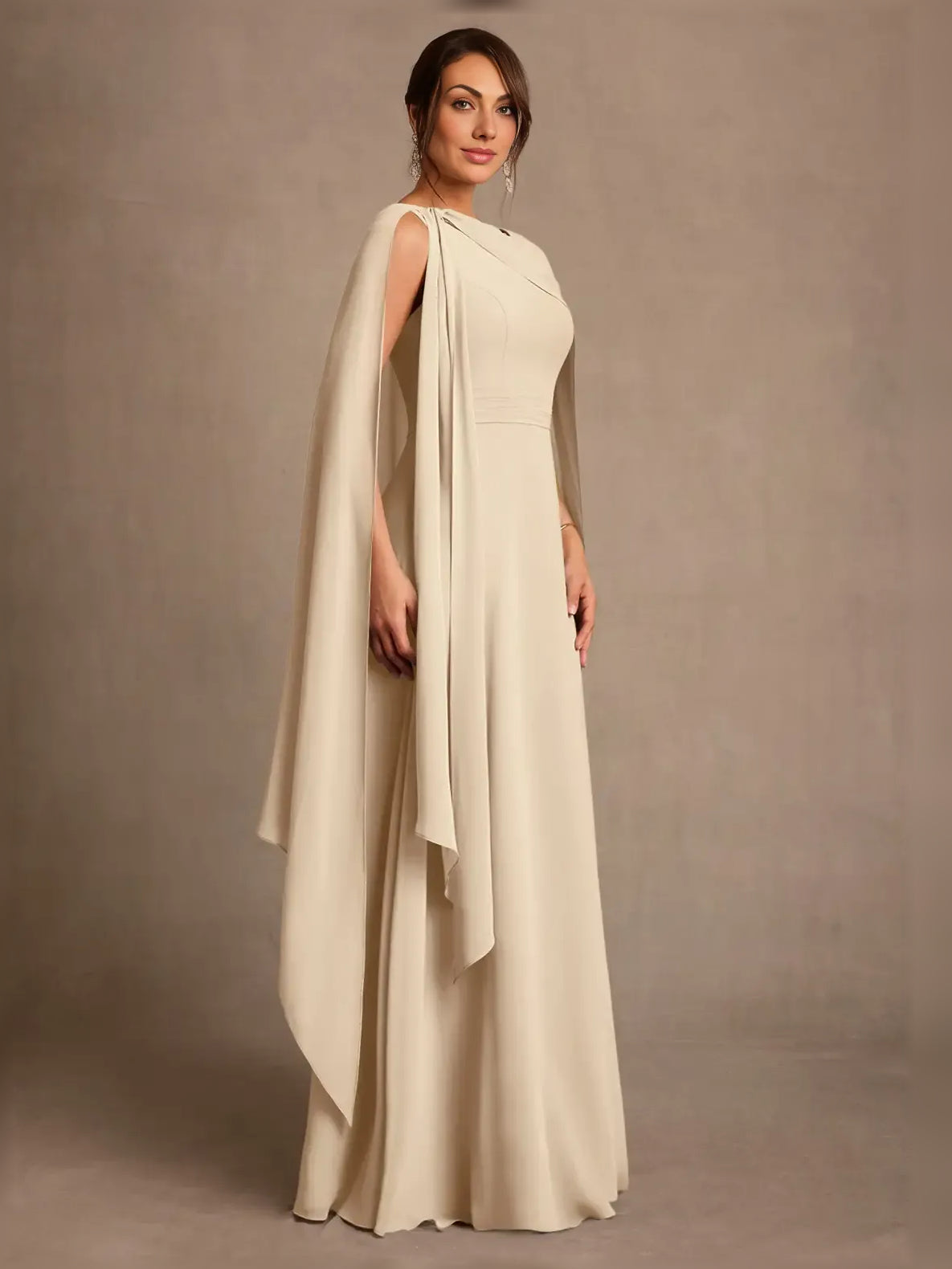 Champagne maxi mother of the bride dress, alternate view showing the overall dress design