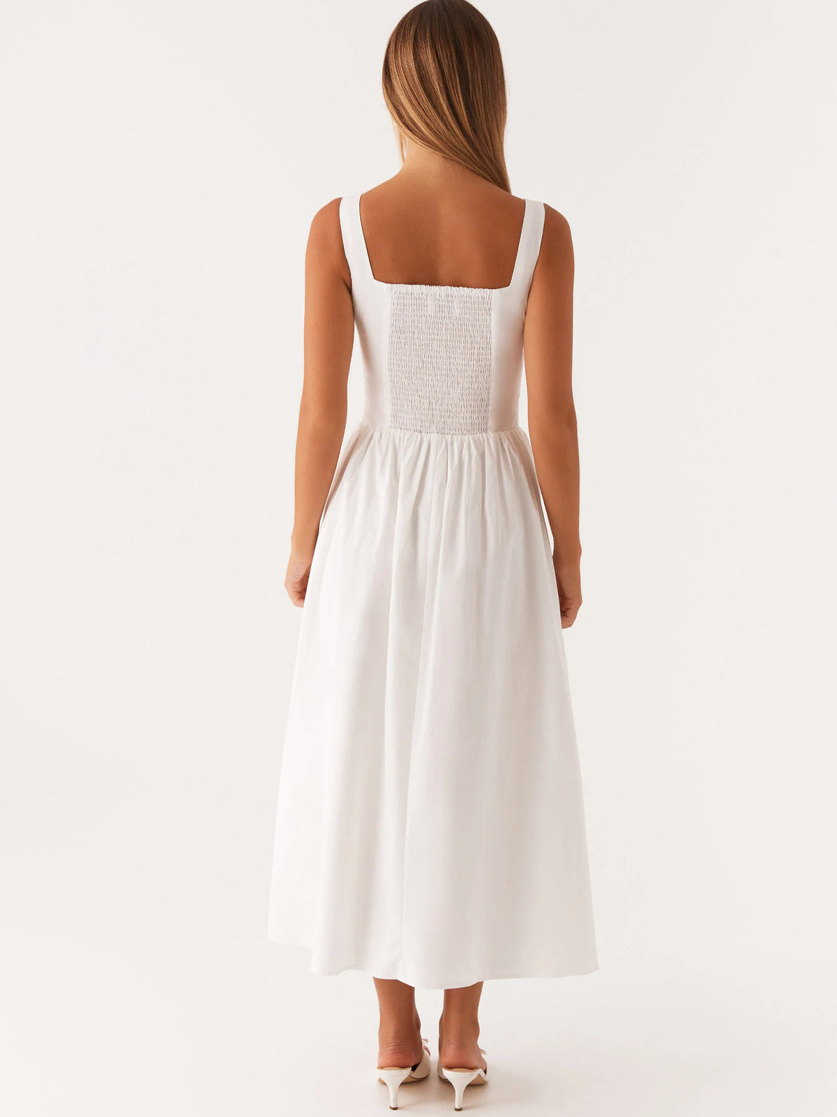 White midi formal dress, alternate view showing the waist