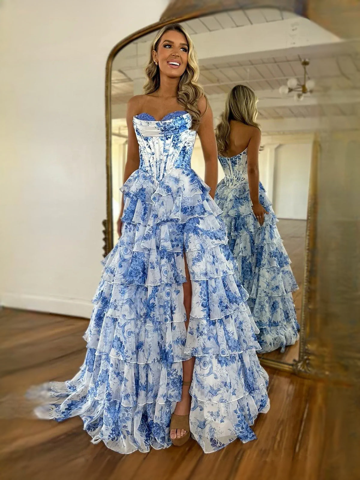 Blue floor-length prom dress, alternate view showing the overall dress design