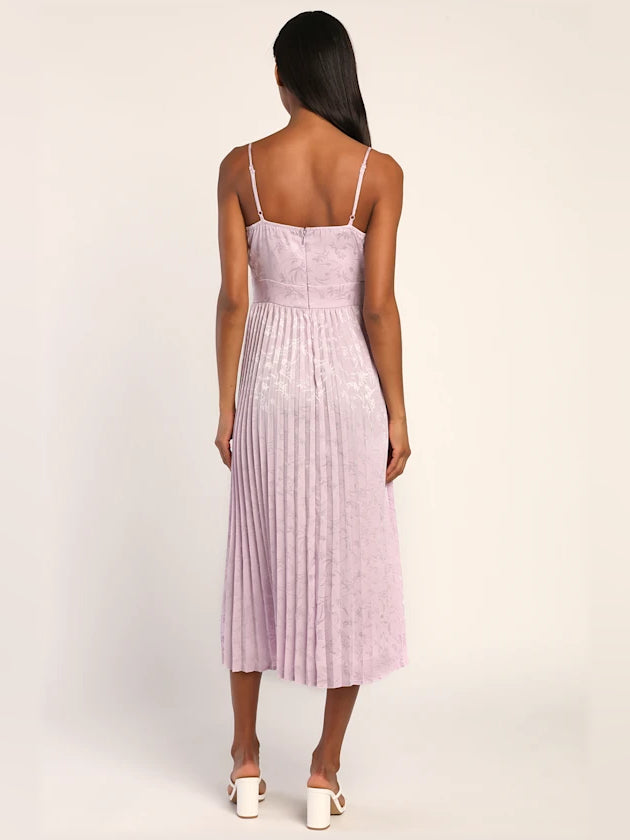 Lavender Floral midi formal dress with pleated skirt, alternate view showing the waist
