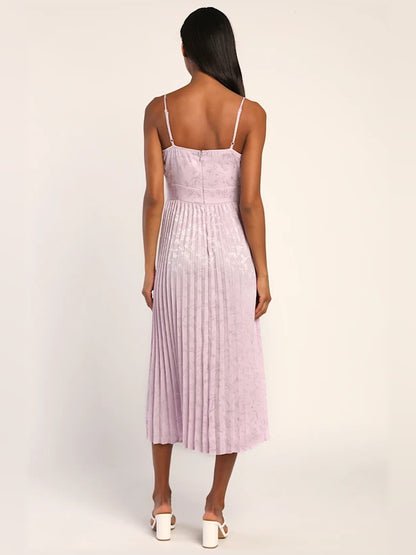Lavender Floral midi formal dress with pleated skirt, alternate view showing the waist