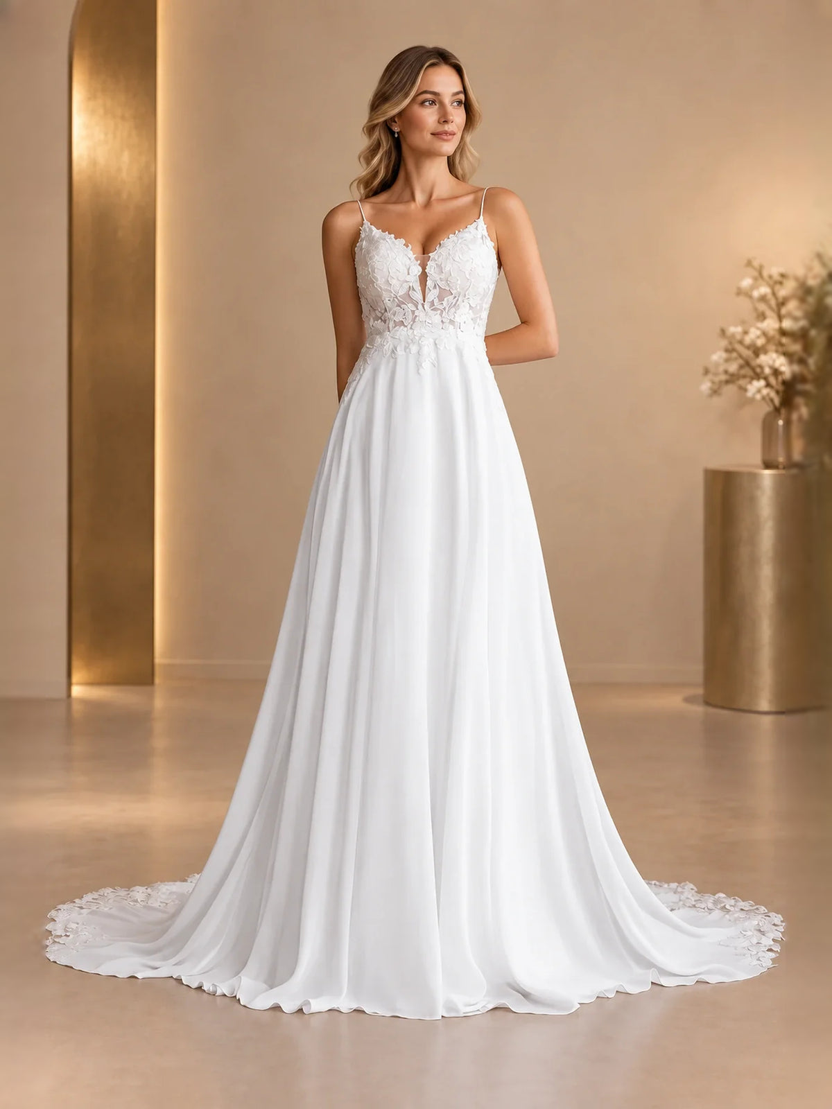 White floor-length wedding dress, alternate view showing the overall dress design