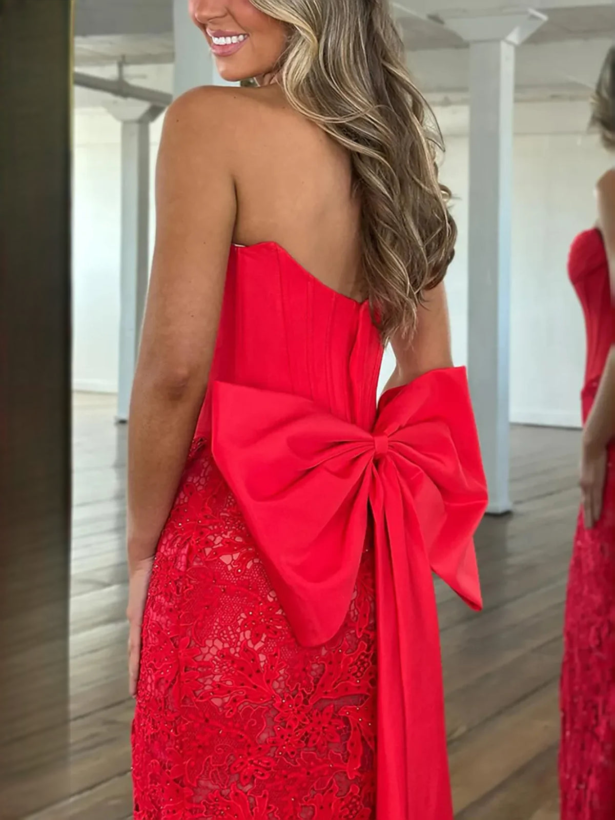 Red floor-length prom dress, alternate view showing the overall dress design