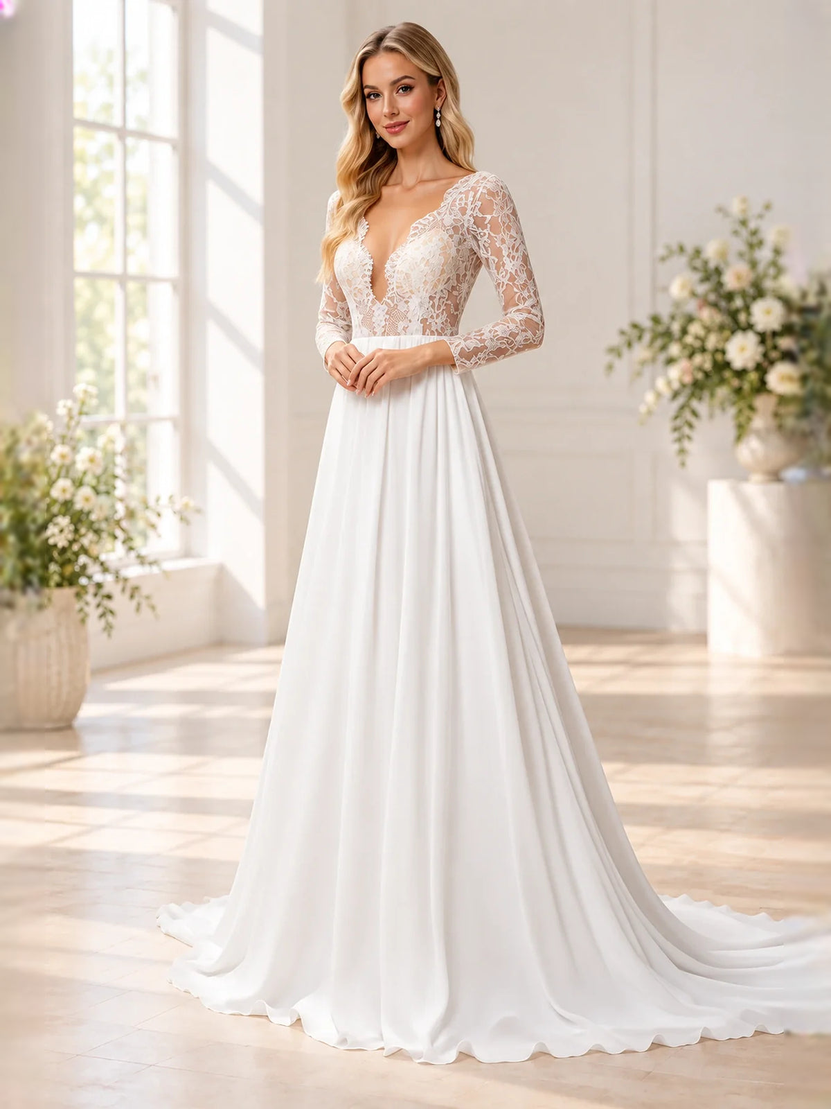 Ivory floor-length wedding dress, alternate view showing the overall dress design