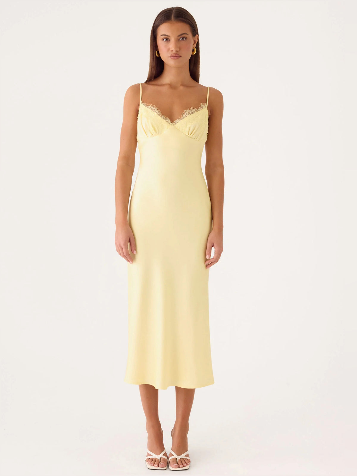 Yellow midi formal dress, alternate view showing the waist