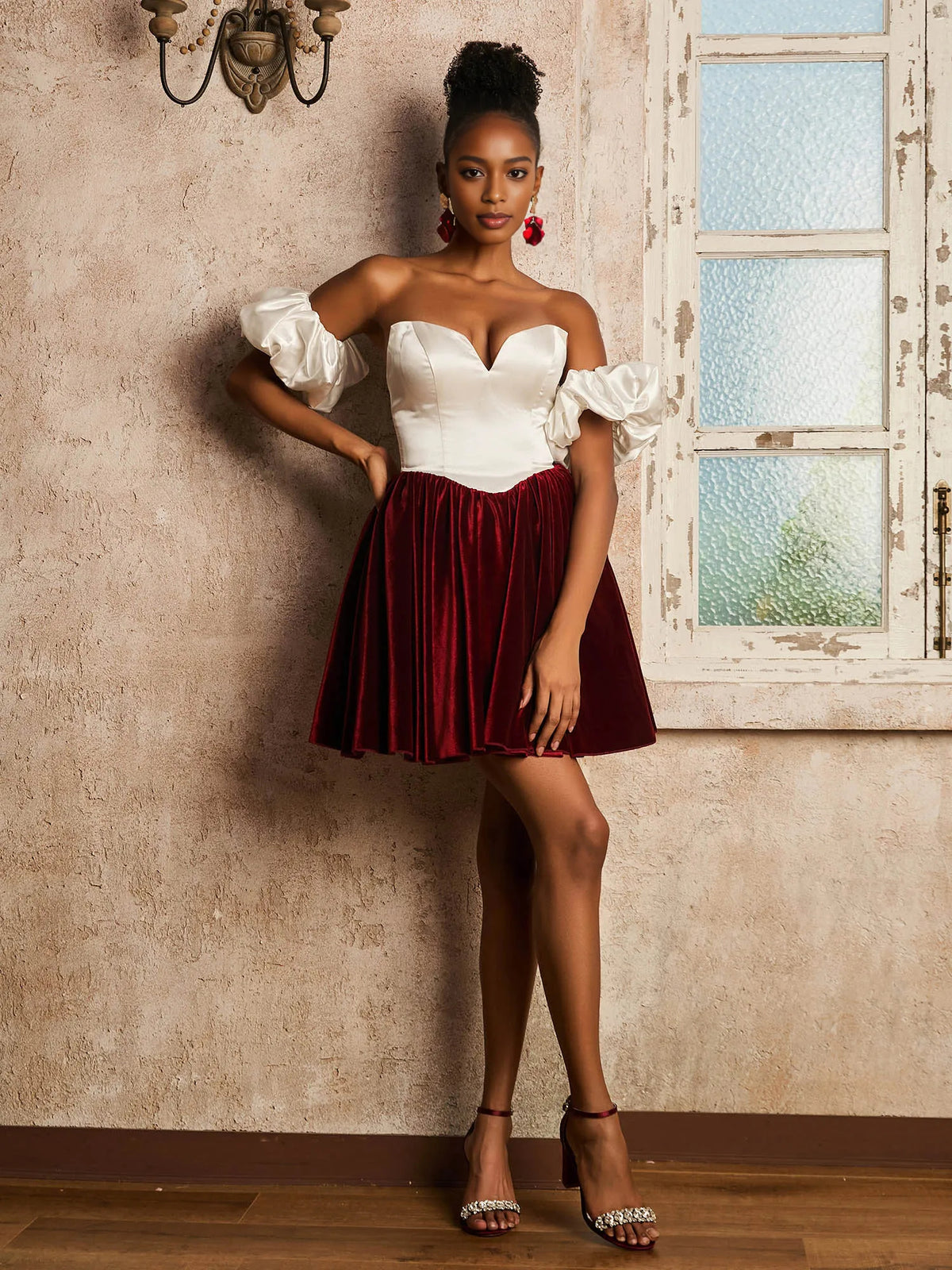 Burgundy mini homecoming dress, alternate view showing the overall dress design