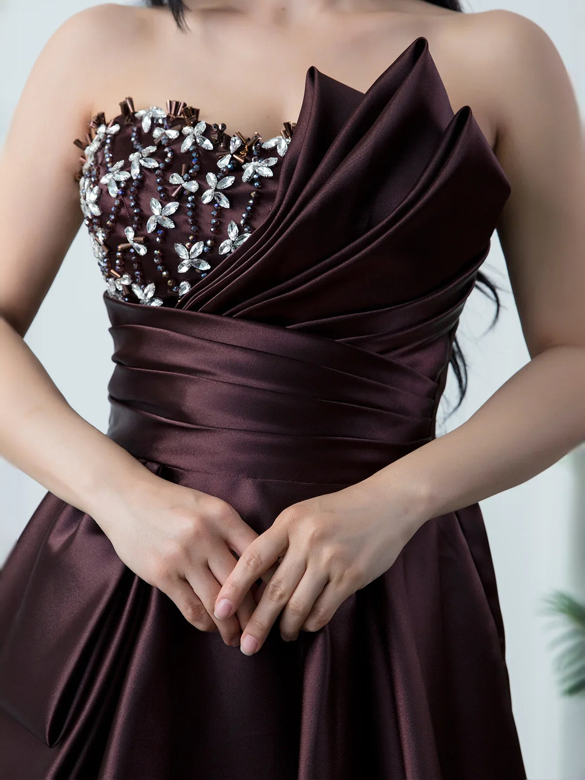 Espresso floor-length prom dress, alternate view showing the overall dress design