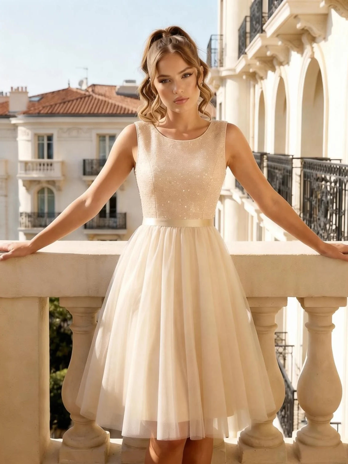 Champagne mini homecoming dress, alternate view showing the overall dress design