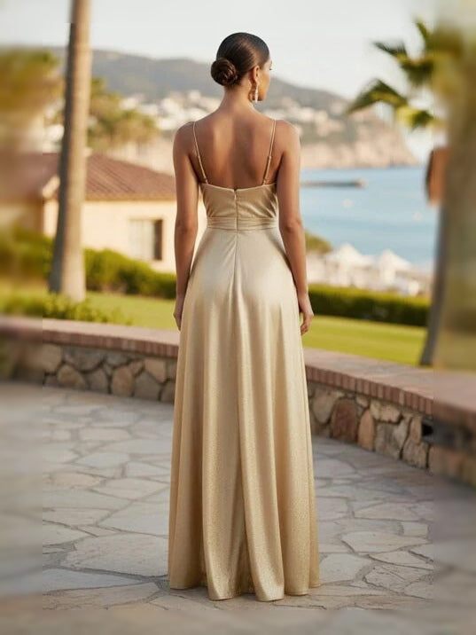 Gold floor-length prom dress, alternate view showing the overall dress design