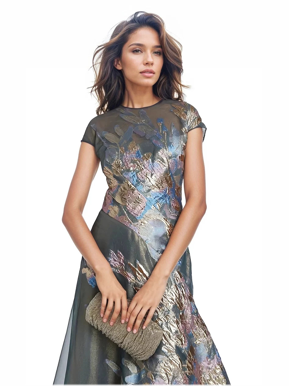 Floral Print short mother of the bride dress, alternate view showing the overall dress design