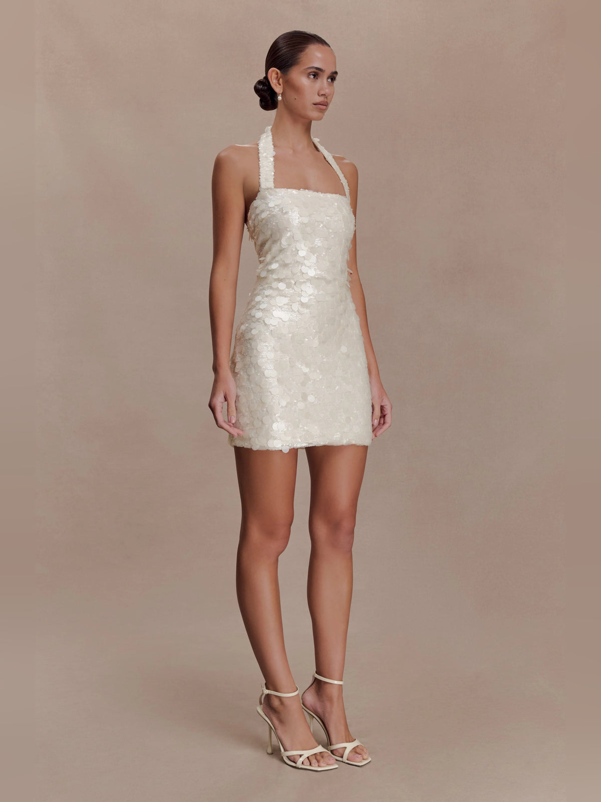 Ivory mini homecoming dress, alternate view showing the overall dress design