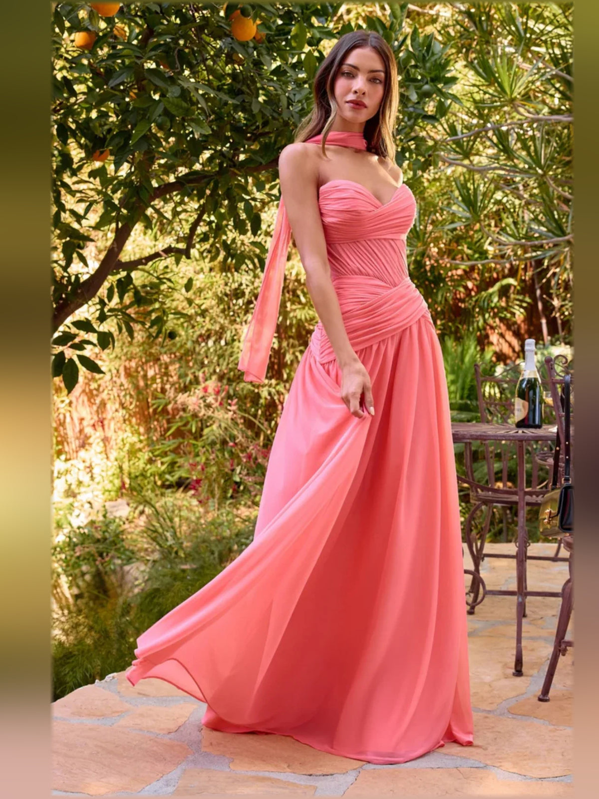 Coral a-line floor-length formal dress with draping, alternate view