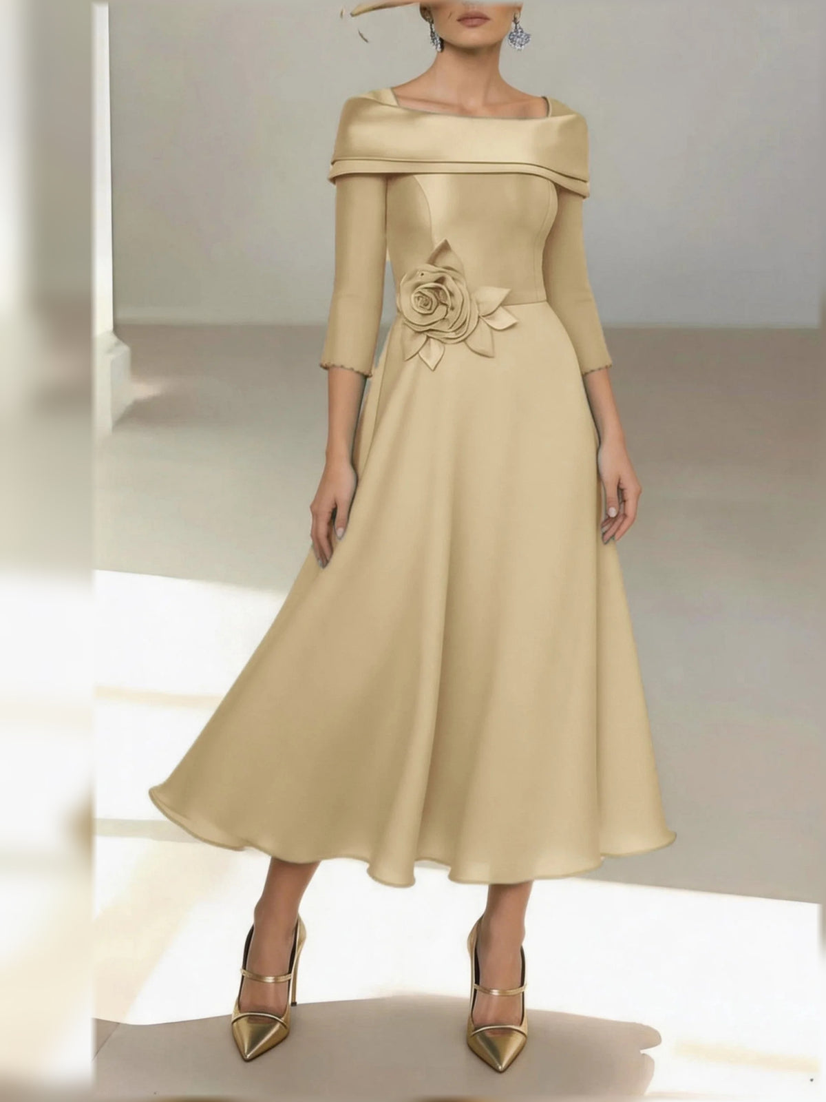Champagne midi mother of the bride dress, alternate view showing the overall dress design
