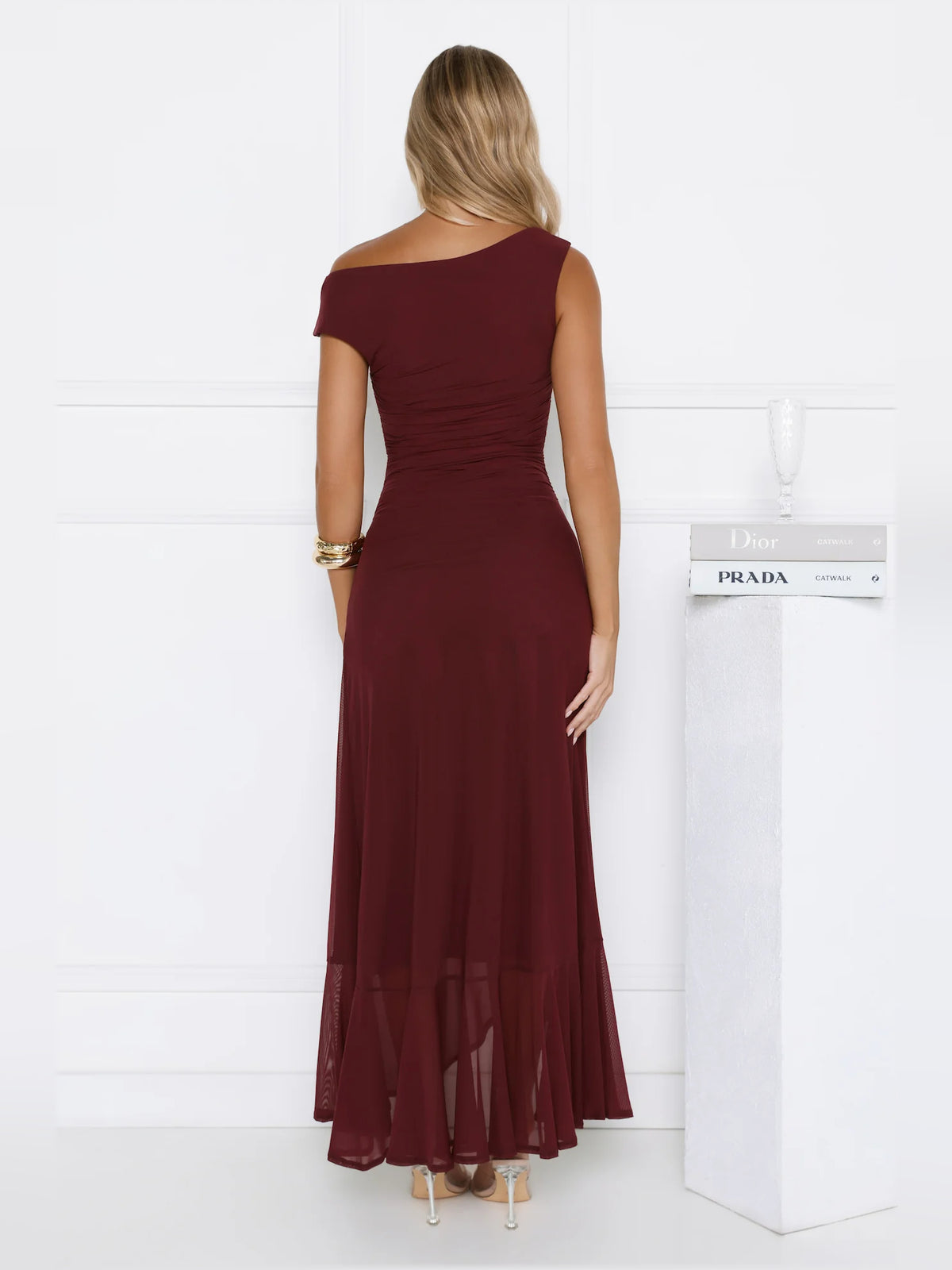 Wine midi formal dress with off-the-shoulder neckline, alternate view showing the waist