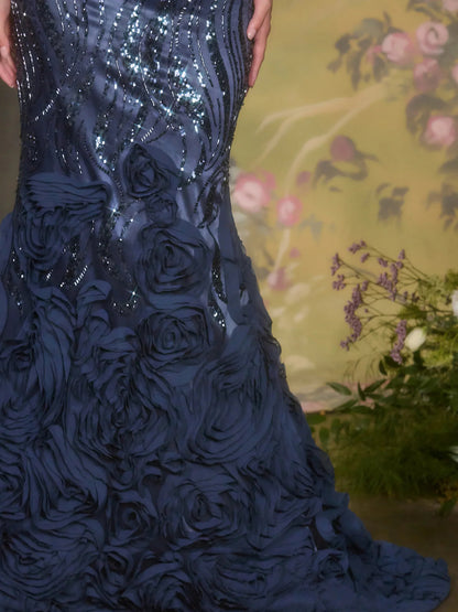 Navy Blue mermaid floor-length formal dress with floral print, alternate view