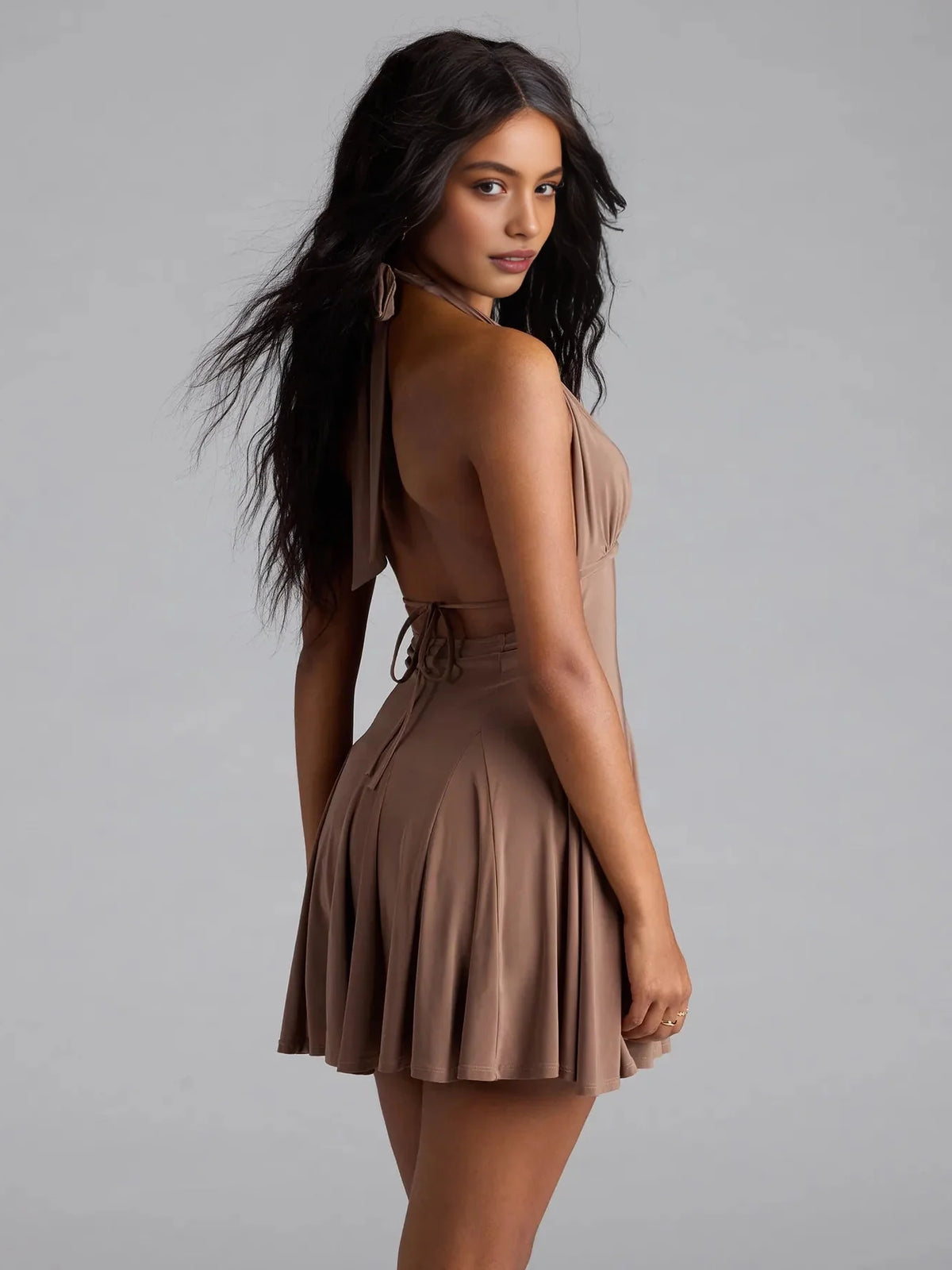 Brown mini homecoming dress, close view of the dress design