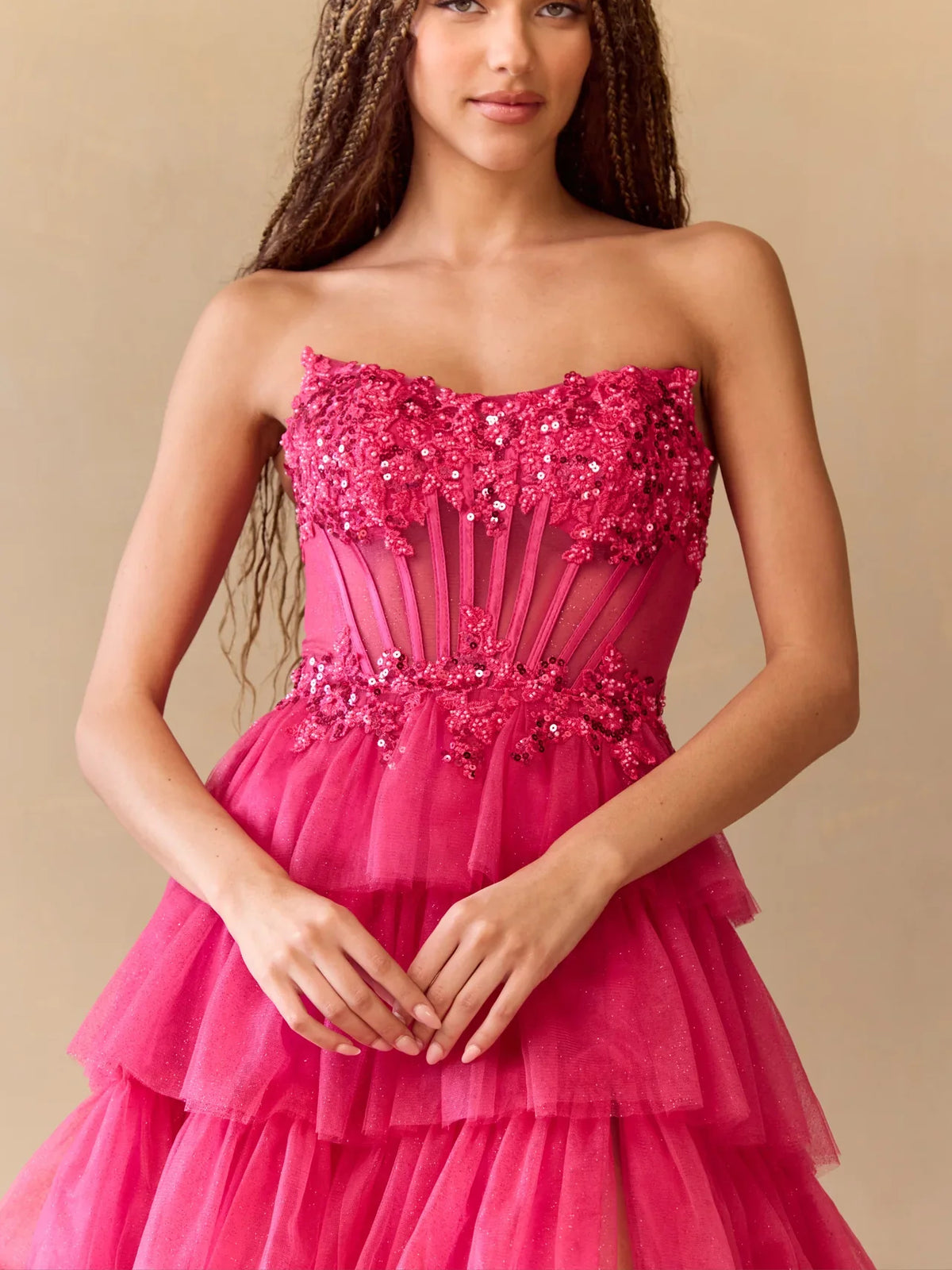 Hot Pink floor-length prom dress, close view of the dress design in an additional pose