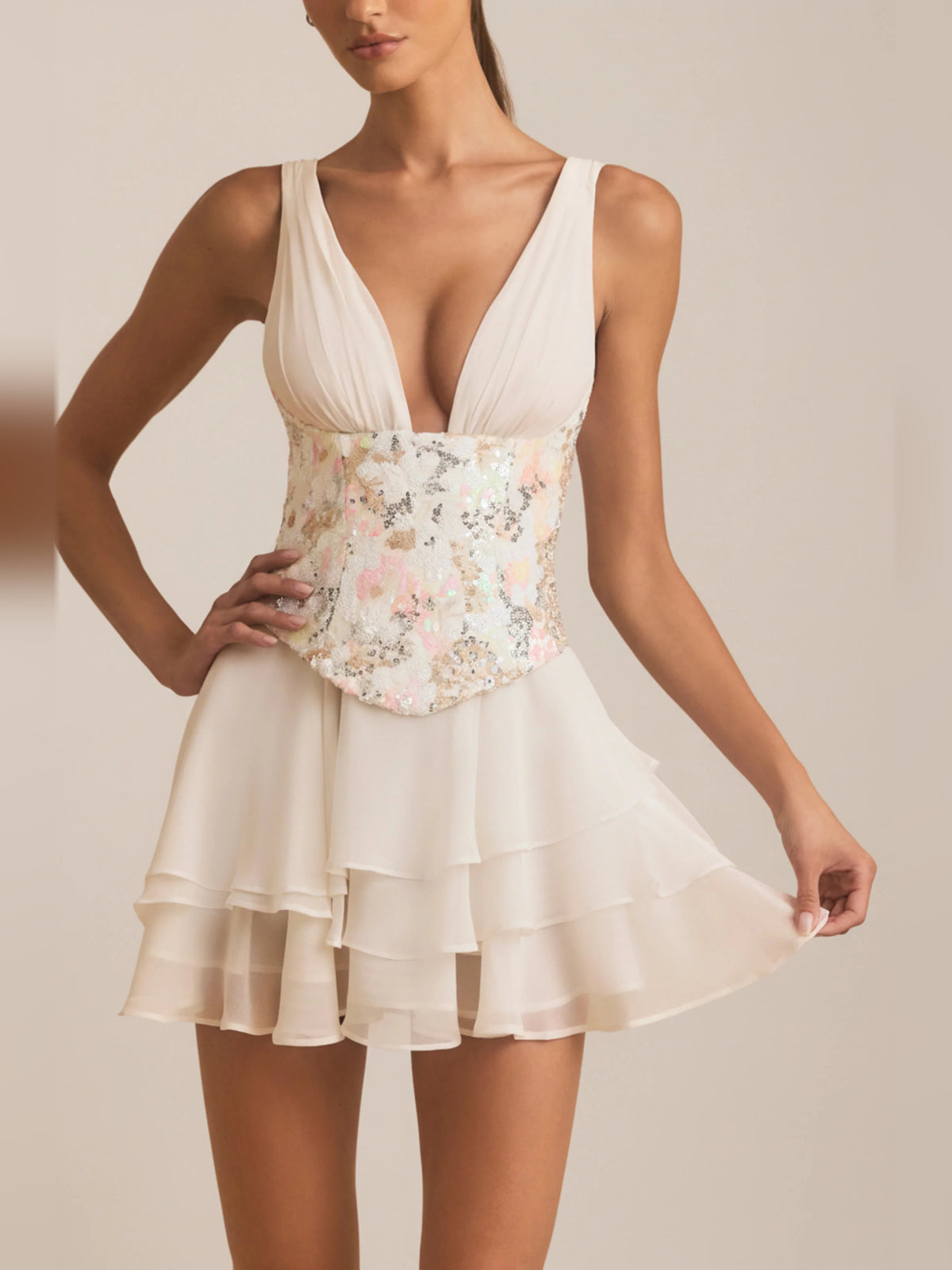 Ivory mini homecoming dress, alternate view showing the overall dress design