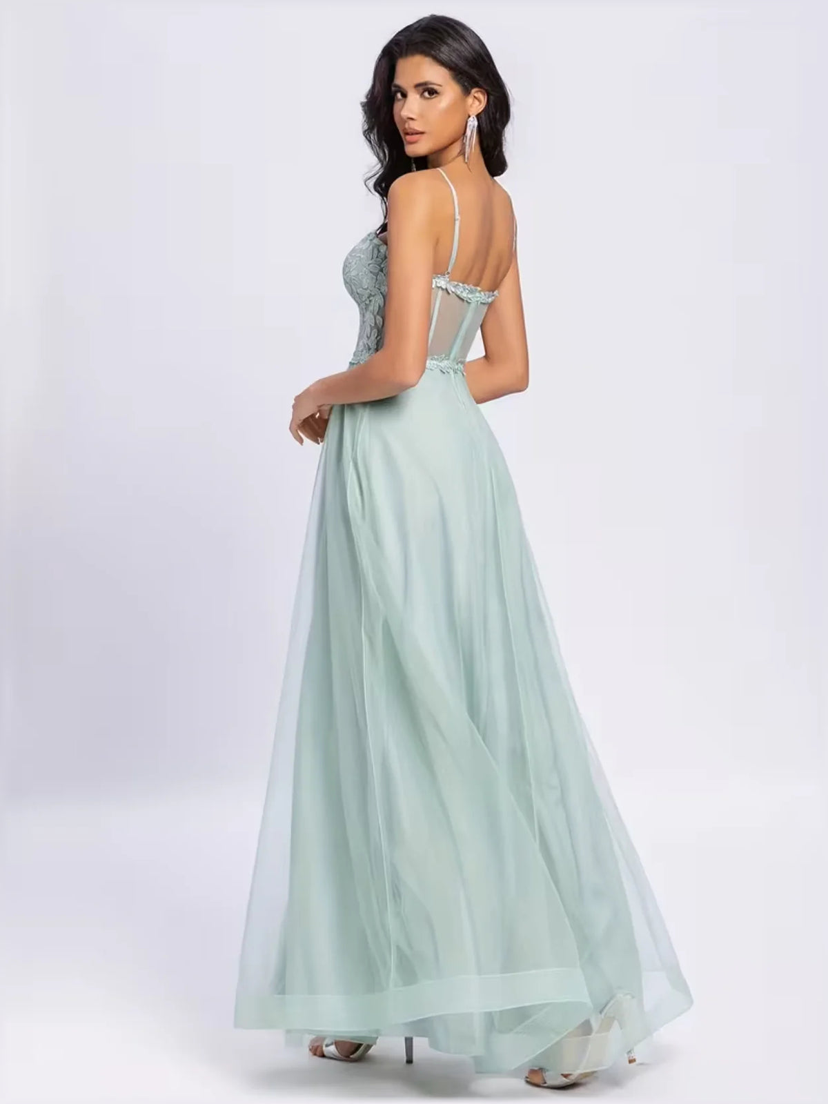 Mint Green mermaid floor-length formal dress with floral print, alternate view