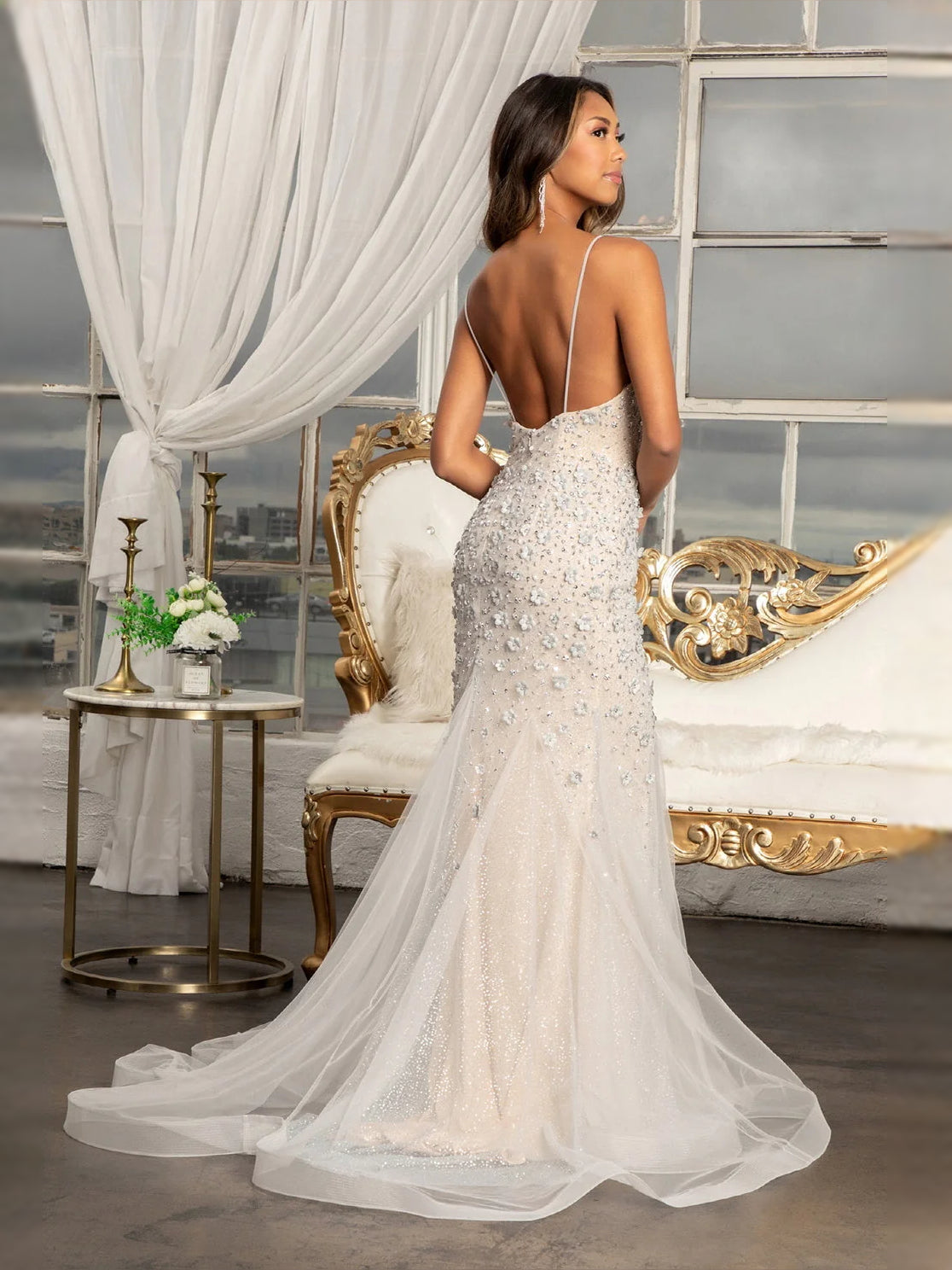 Champagne floor-length prom dress, alternate view showing the overall dress design