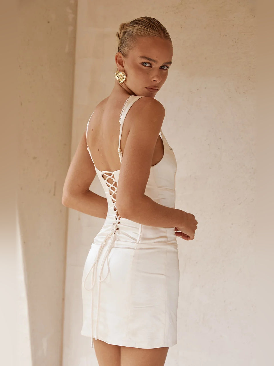 IVORY mini homecoming dress, alternate view showing the overall dress design