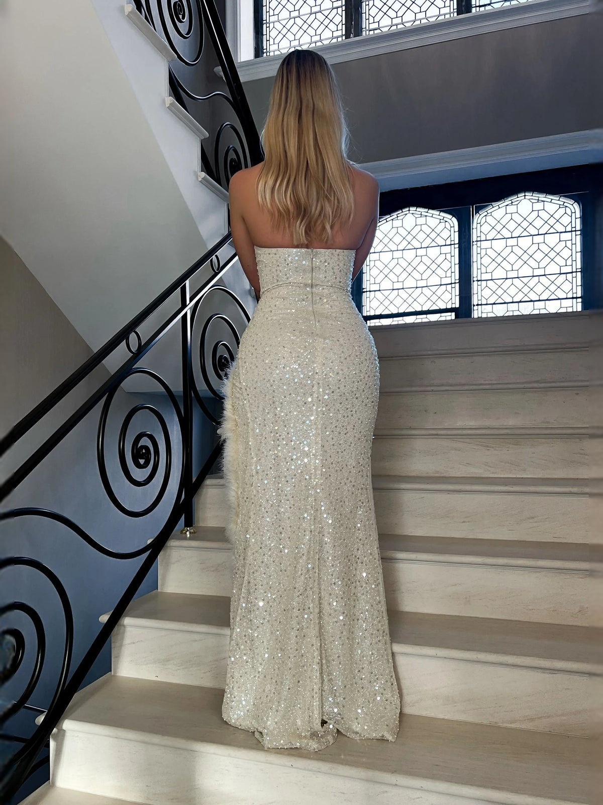 Cream floor-length prom dress, alternate view showing the overall dress design
