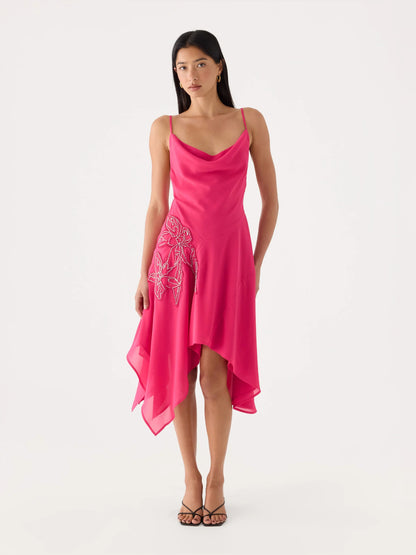 Fuchsia midi formal dress with beading, alternate view showing the waist