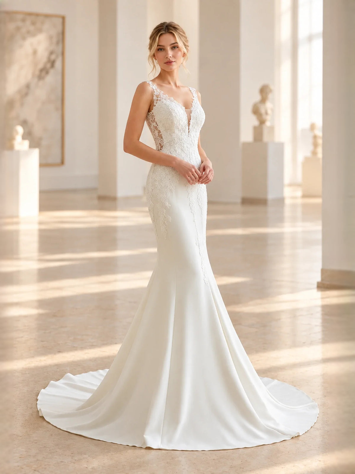 Ivory floor-length wedding dress, alternate view showing the overall dress design