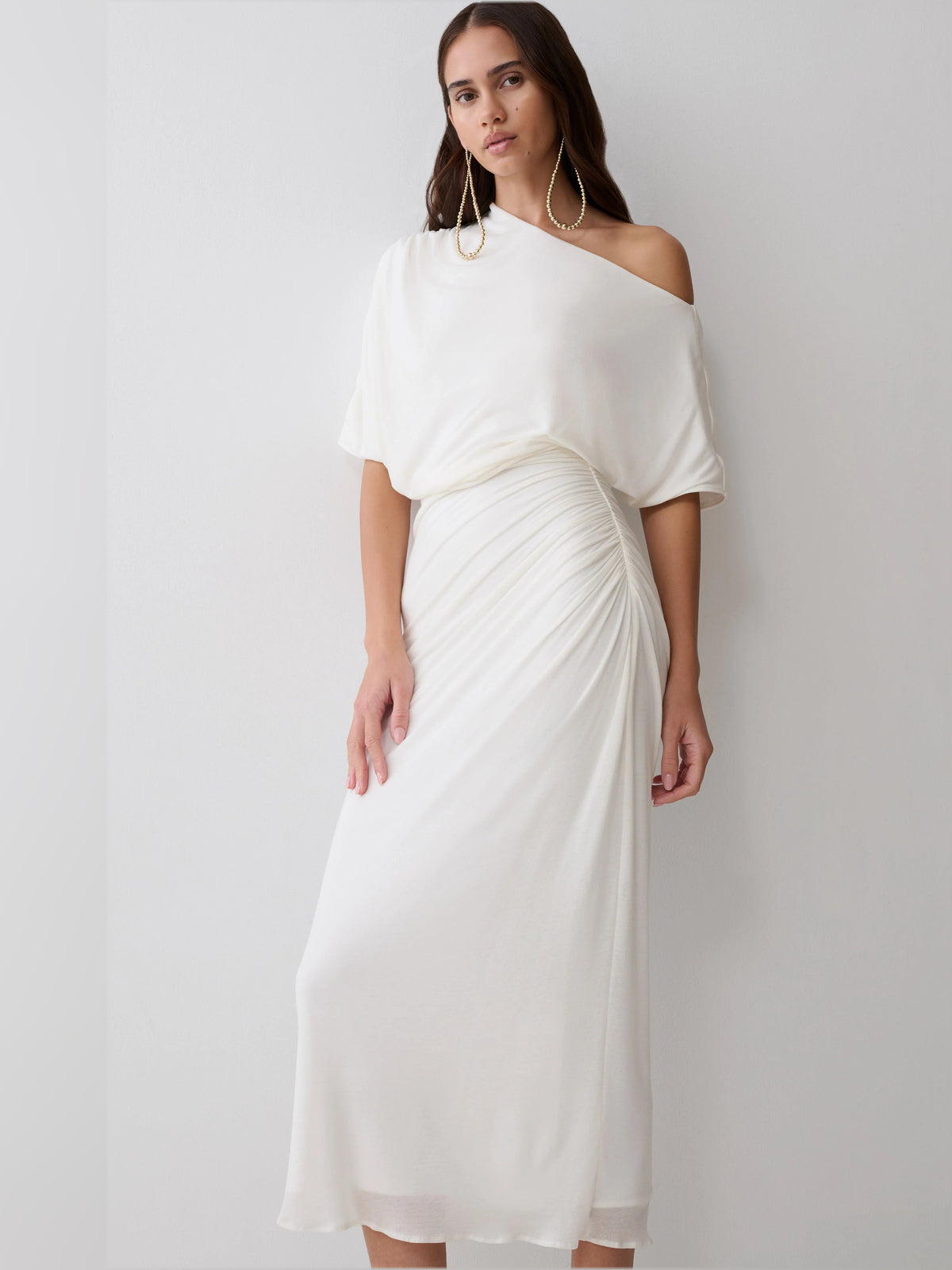 White midi formal dress with draping, alternate view showing the waist