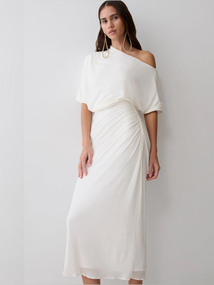 White midi formal dress with draping, alternate view showing the waist