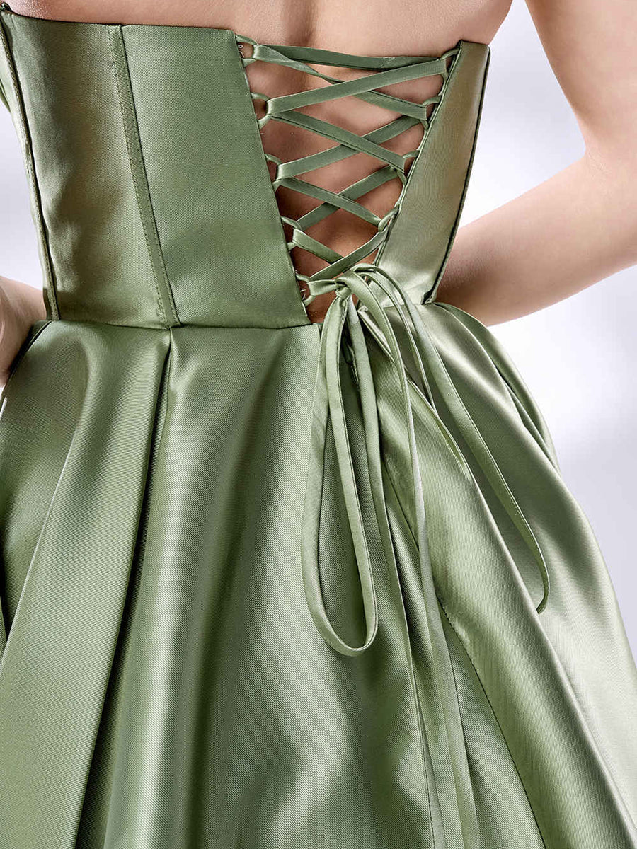 Red a-line floor-length formal dress with skirt slit, alternate view