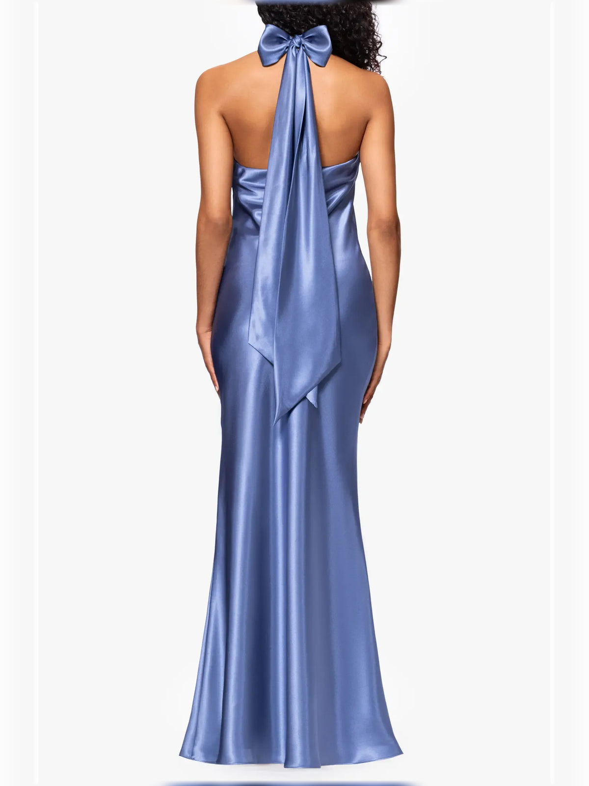 Blue mermaid floor-length formal dress with draping, alternate view showing the waist