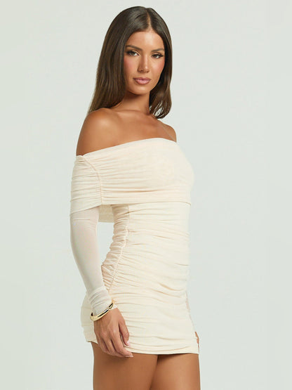 Cream mini homecoming dress, alternate view showing the overall dress design