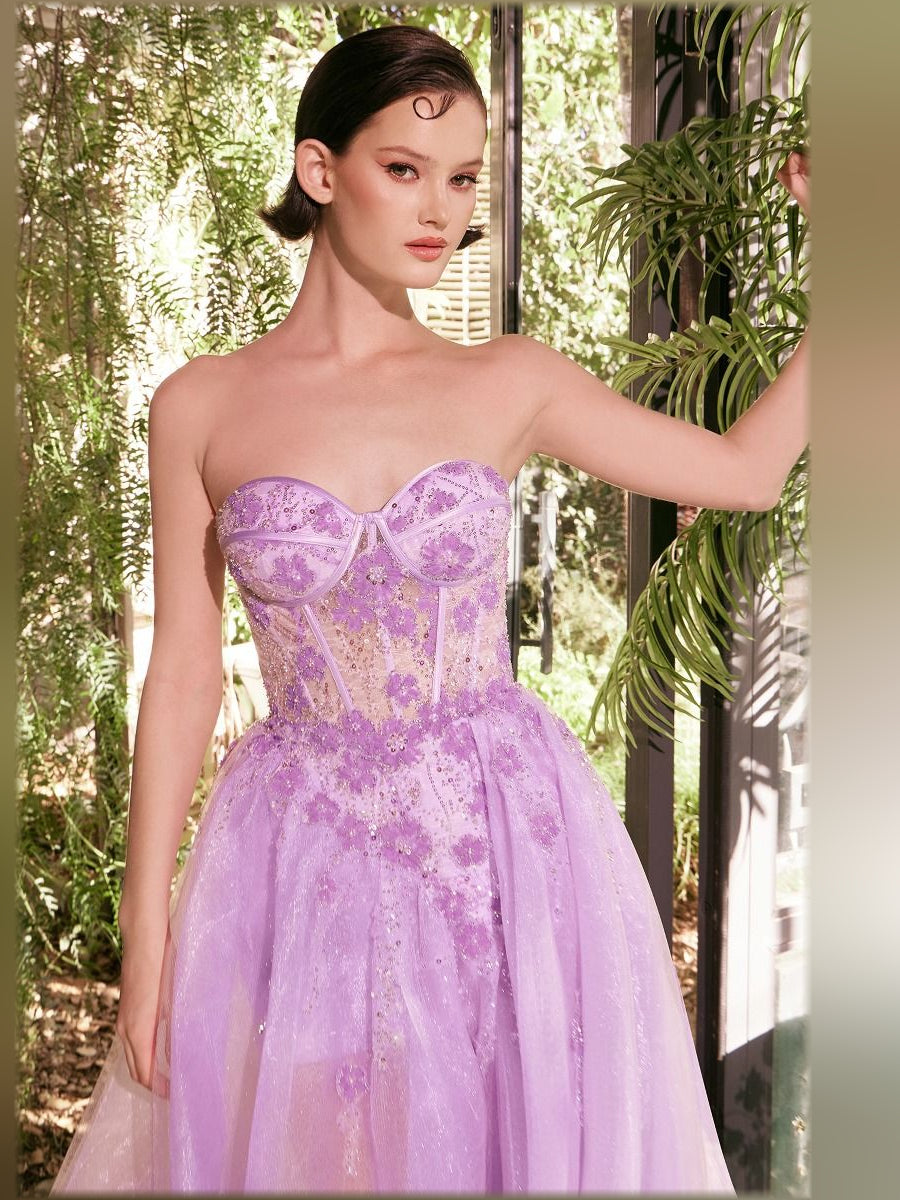 Lavender a-line floor-length formal dress with skirt slit, alternate view