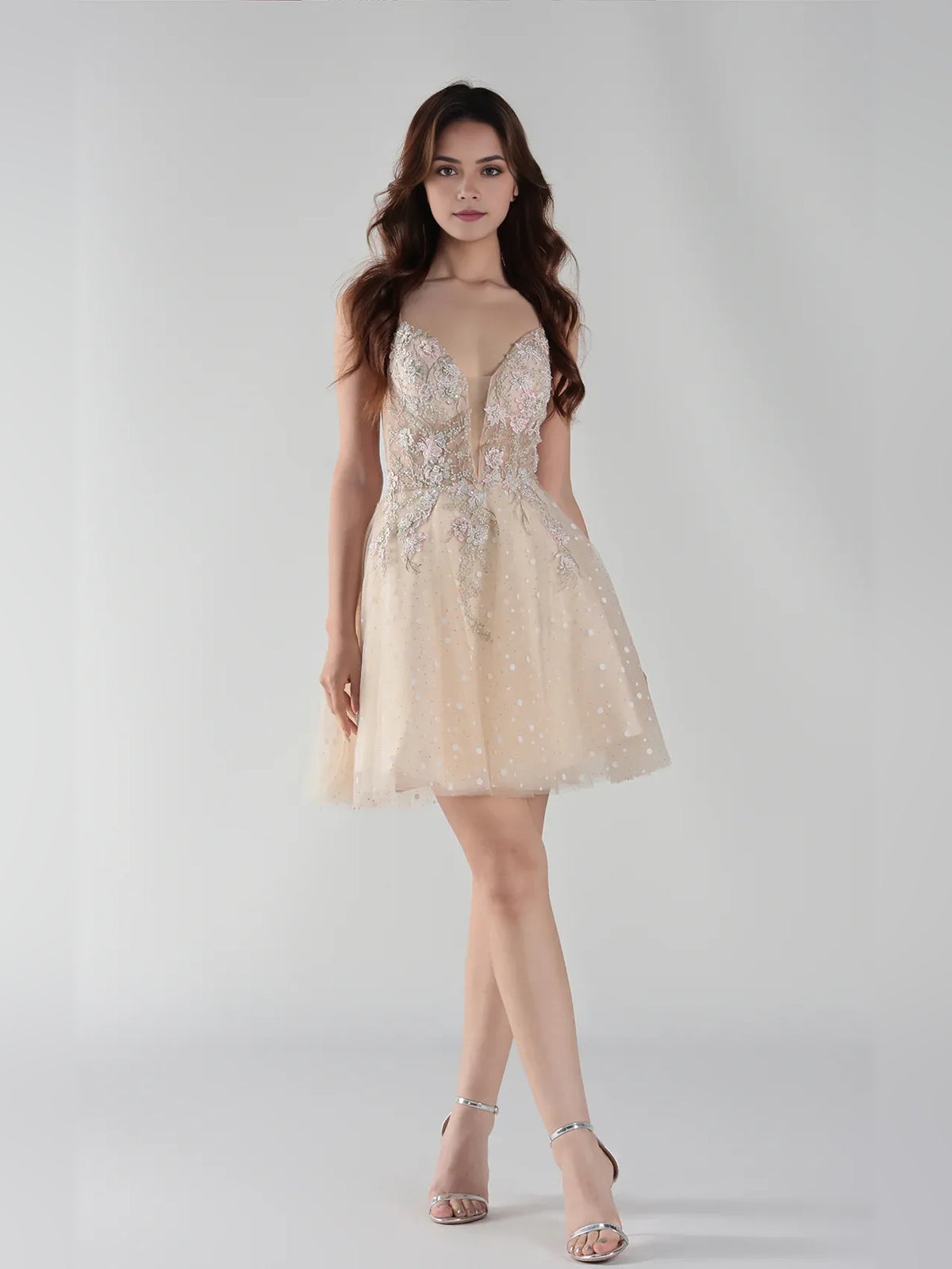 Champagne mini homecoming dress, alternate view showing the overall dress design