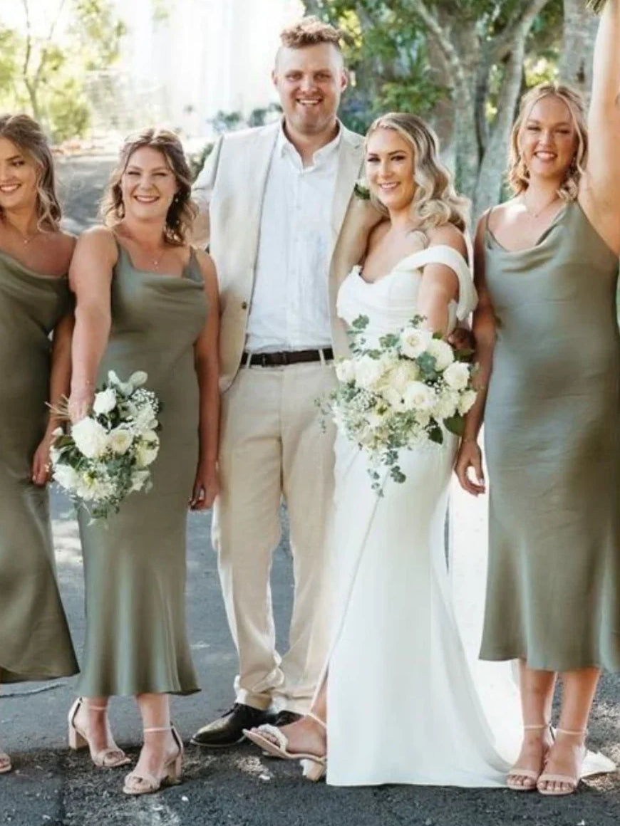 Olive Green tea-length bridesmaid dress, alternate view showing the overall dress design