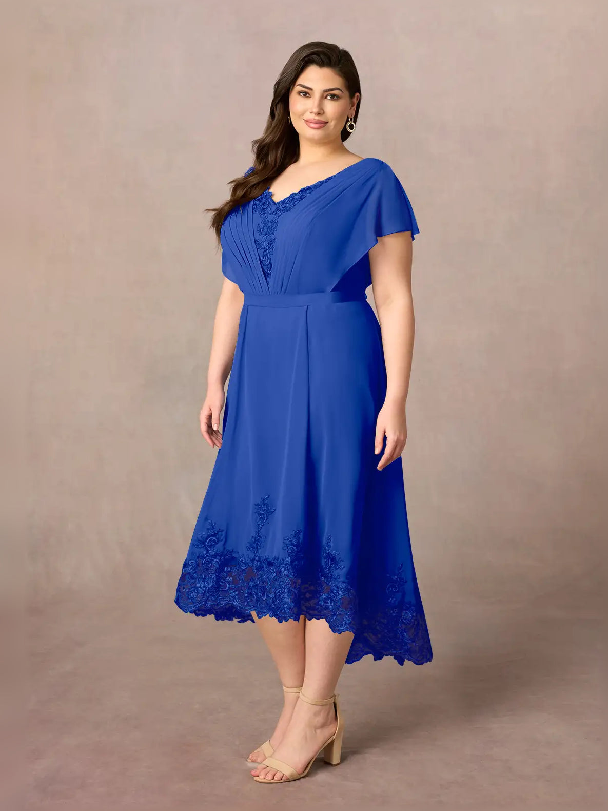 Royal Blue midi mother of the bride dress, alternate view showing the overall dress design