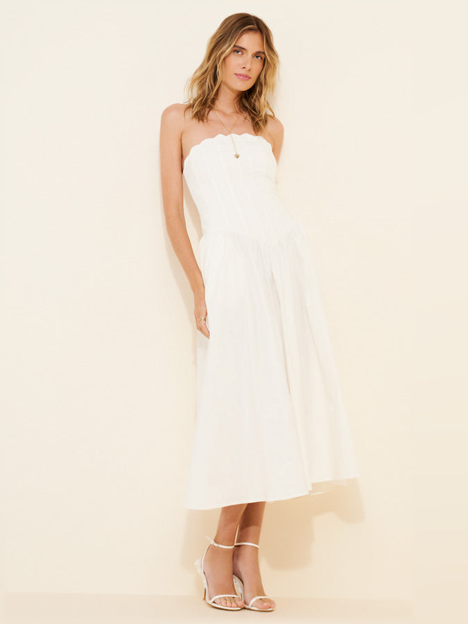 Orange midi formal dress with strapless neckline, alternate view showing the waist