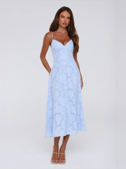Blue midi formal dress, alternate view showing the waist