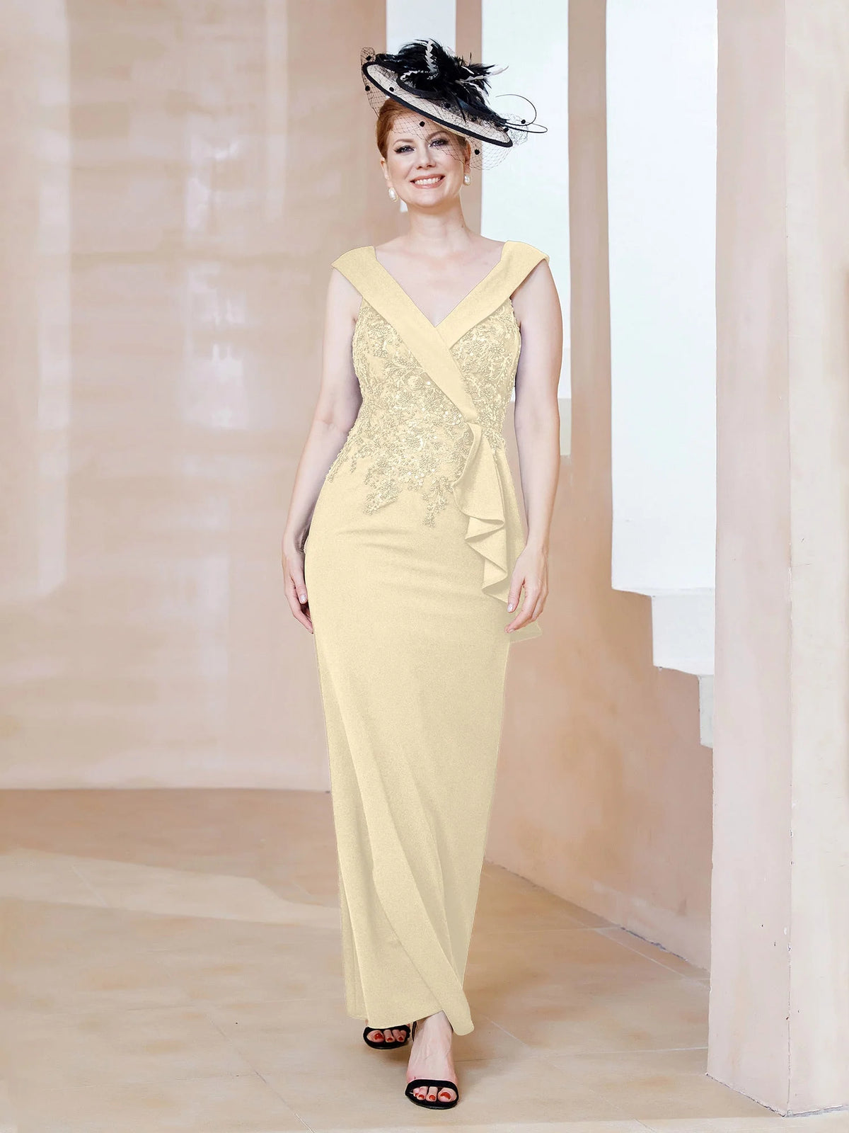Champagne maxi mother of the bride dress, alternate view showing the overall dress design