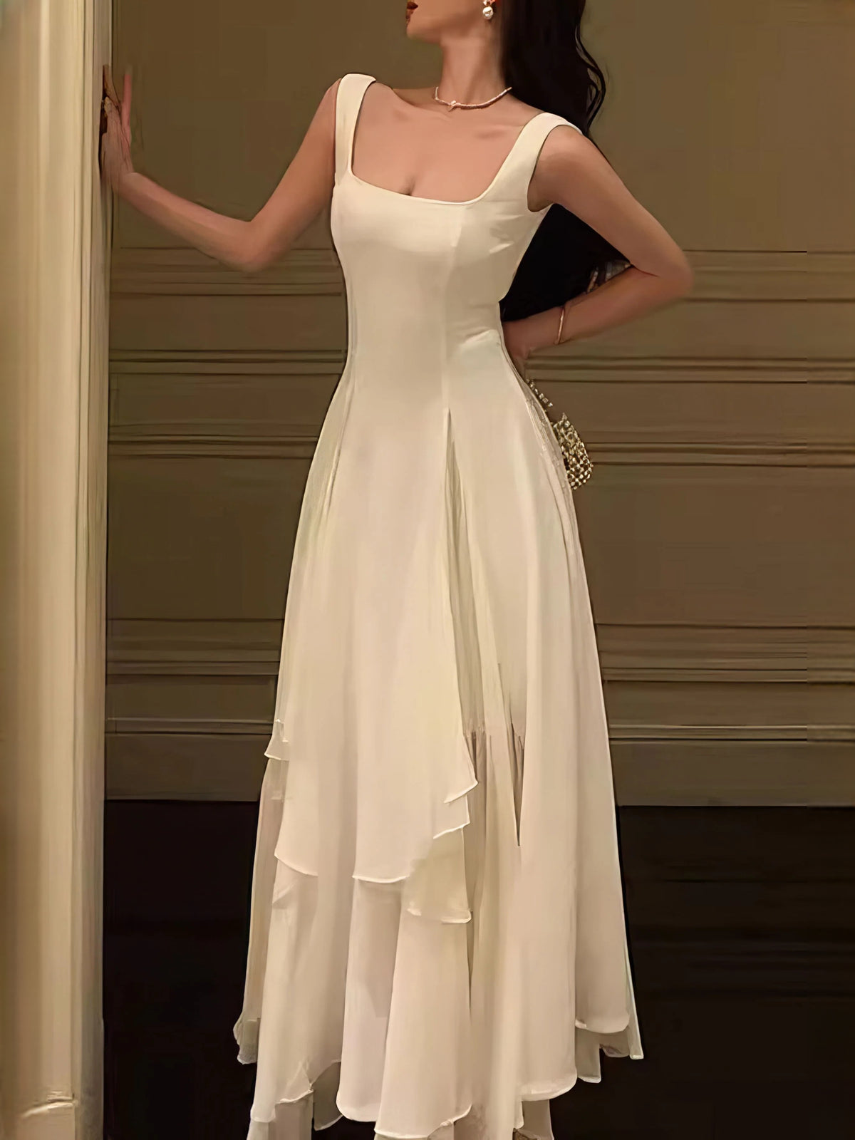 Ivory floor-length wedding dress, alternate view showing the overall dress design